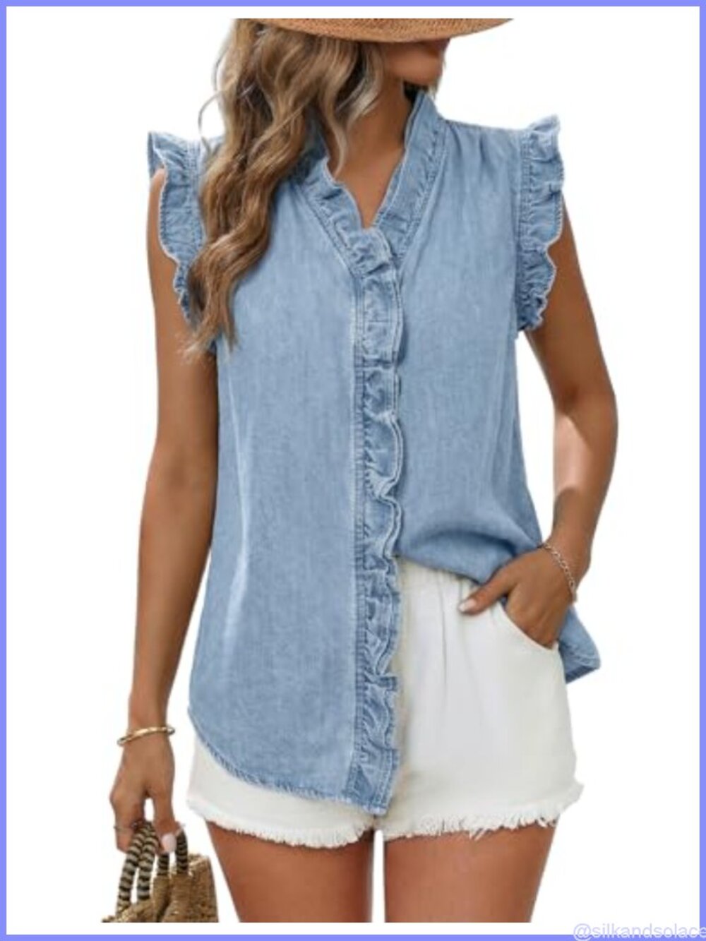 Denim Vest Women Sleeveless V Neck Button Up Ruffle Peplum Jean Vest